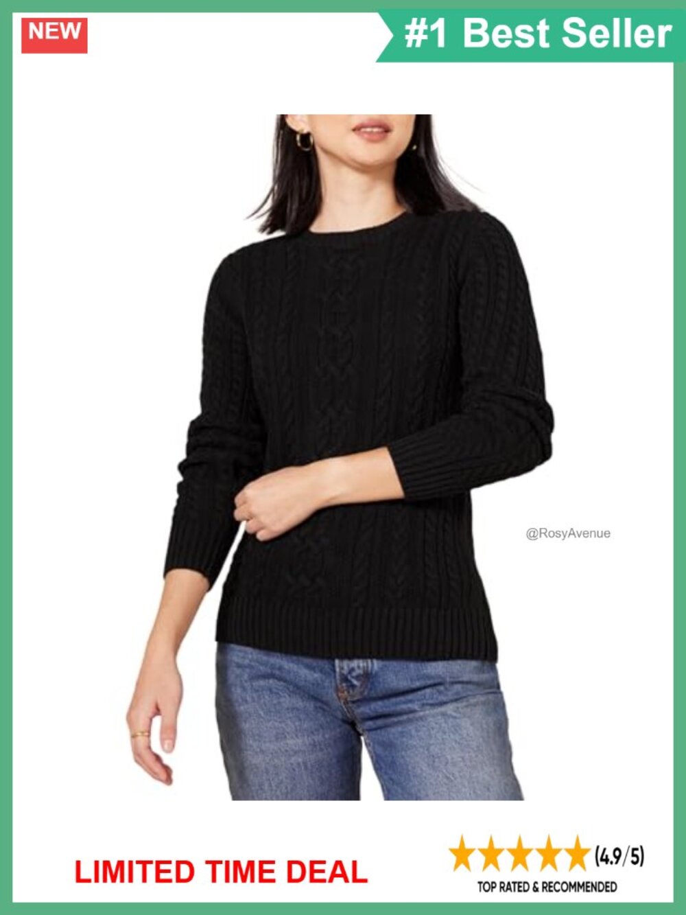 Cable Knit Crewneck Sweater Long Sleeve Cotton Pullover Women's